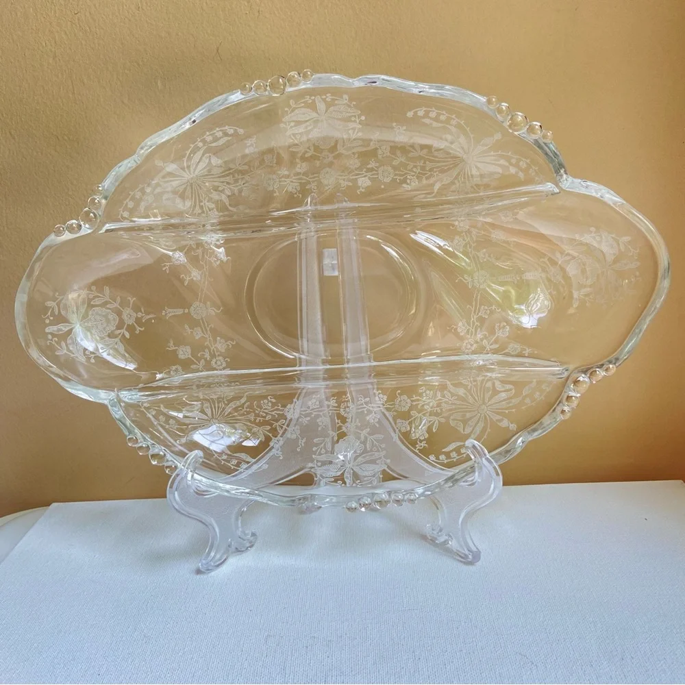Heisey Glass etched orchids vintage clear divided three part serving tray dish